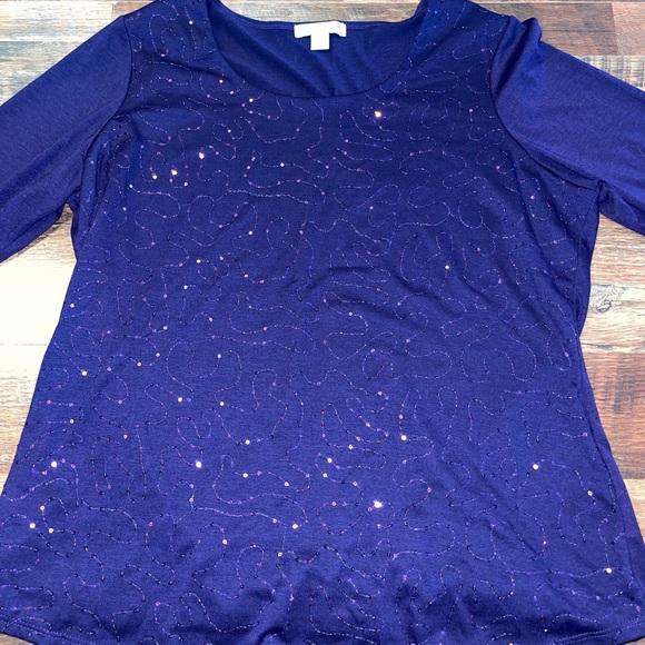 Coldwater Creek Purple Sequin 3/4 Sleeve Top XL - Picture 2 of 5
